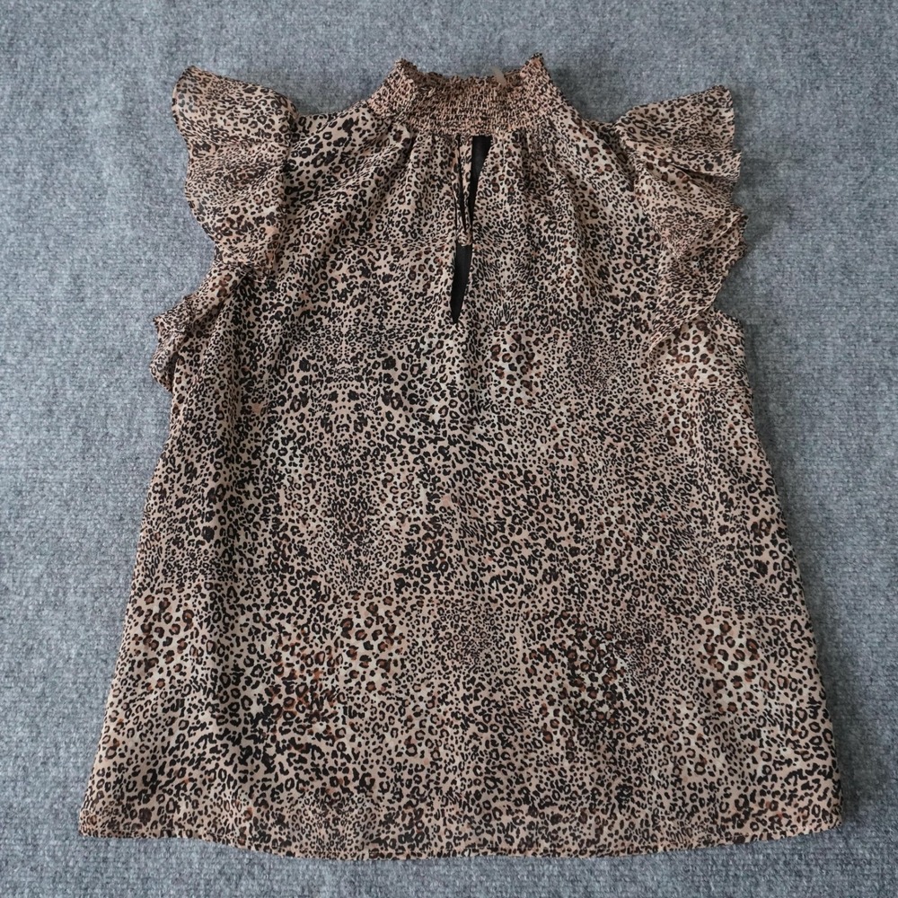 1.State Animal Print Ruffle Sleeve Smocked Neckline Blouse‎ Top